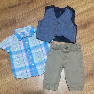 Toddler Blue Plaid Shirt, Navy Vest & Khaki Pants Set